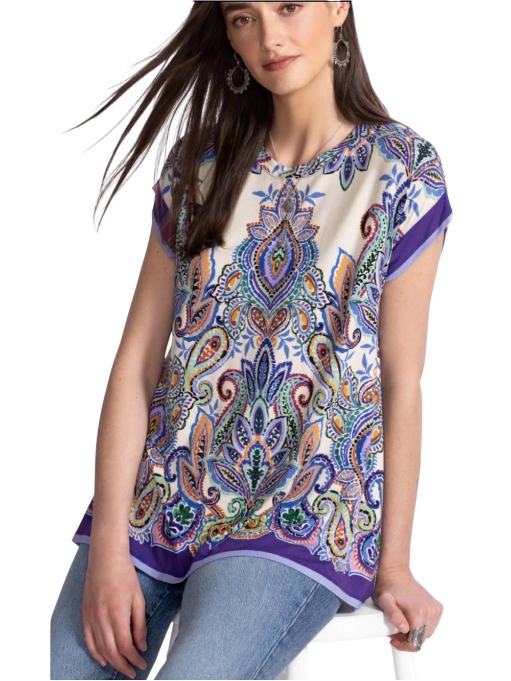 NWT Johnny Was THE JANIE FAVORITE CREW NECK DRAPED TEE MULTICOLOR SIZE S